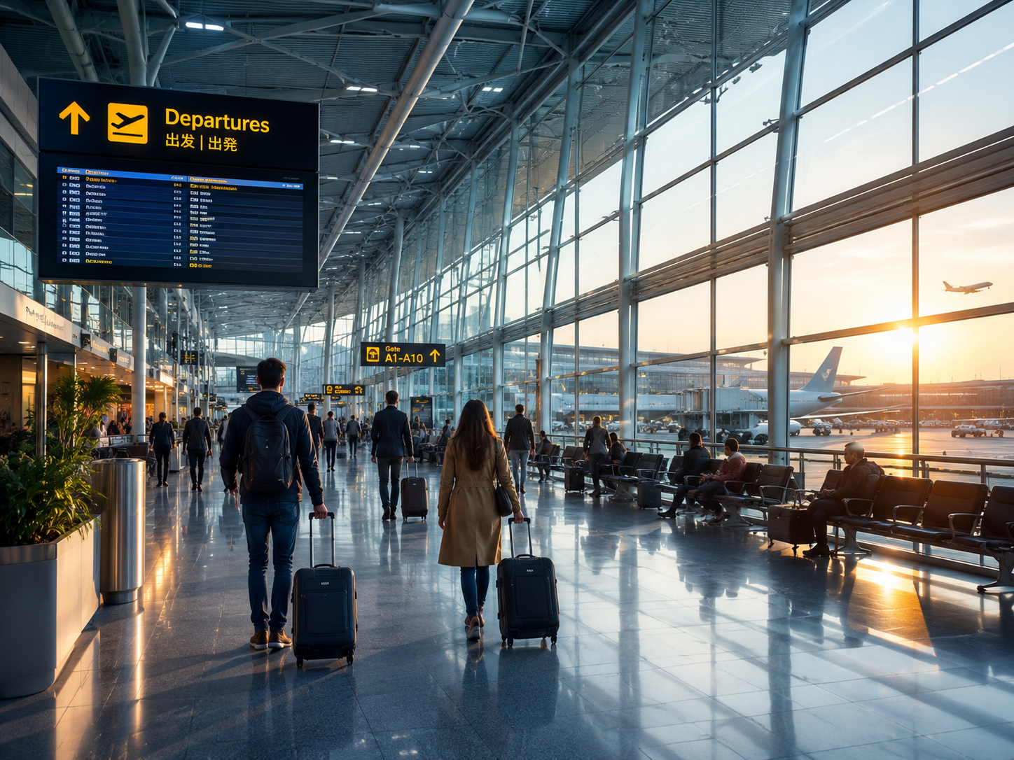 Modern airport terminal with travellers