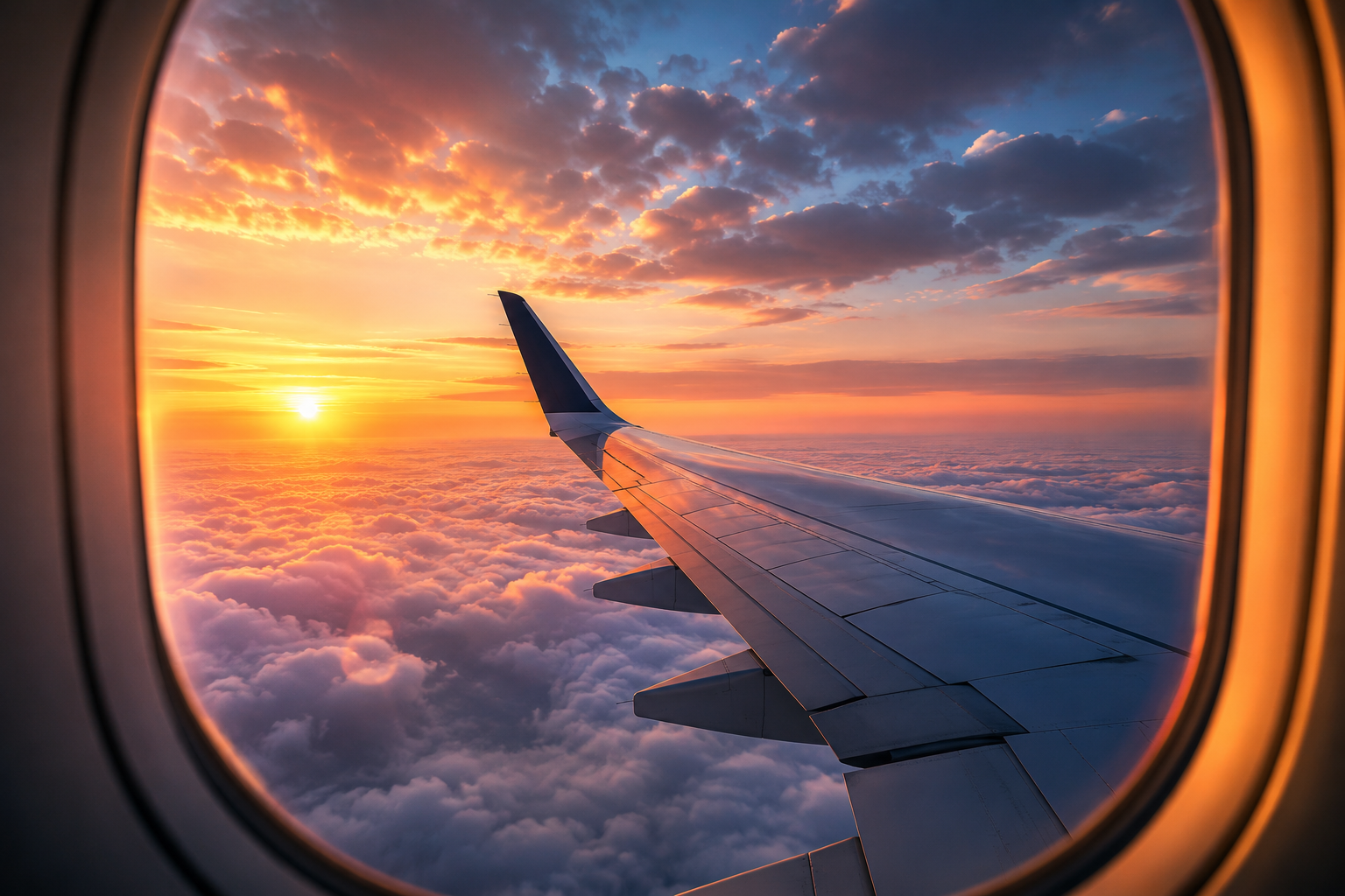 Airplane wing above clouds at sunset
