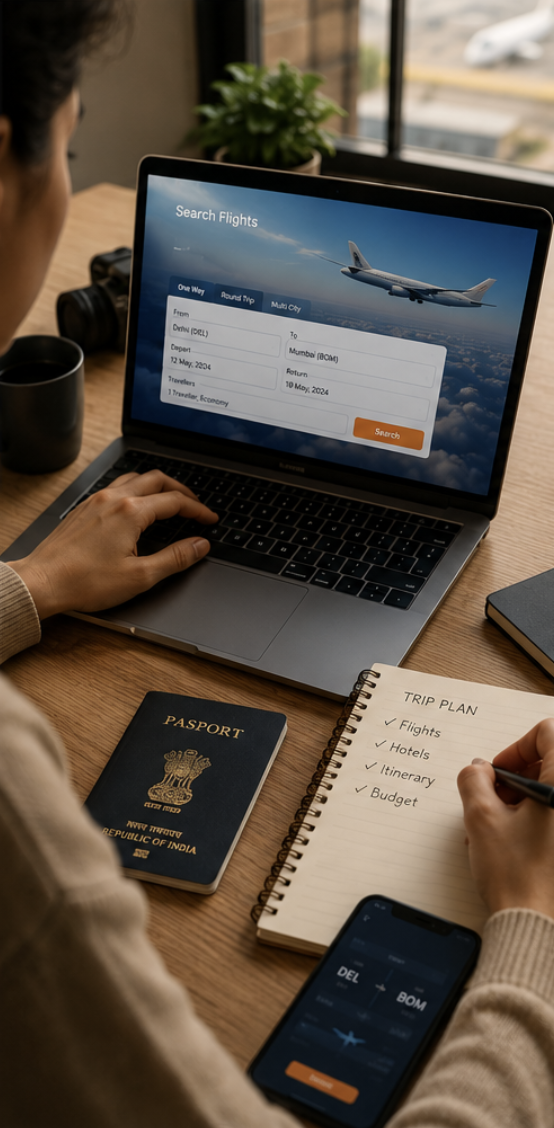 Person planning travel on laptop