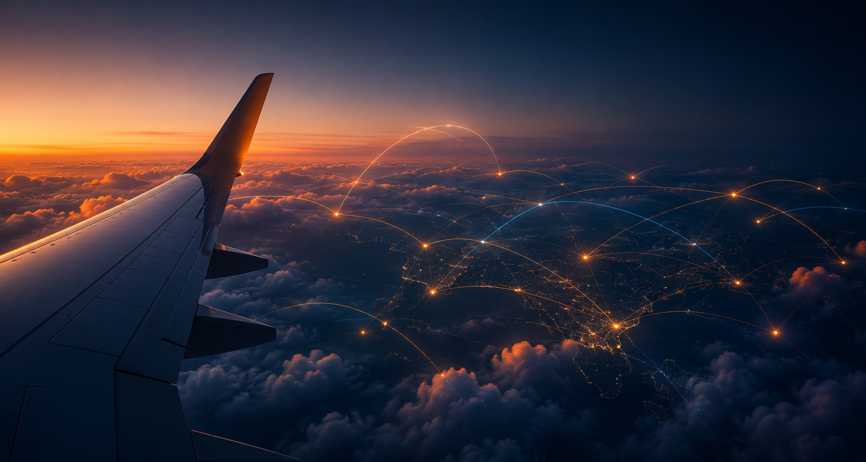 Airplane wing above clouds — route comparison
